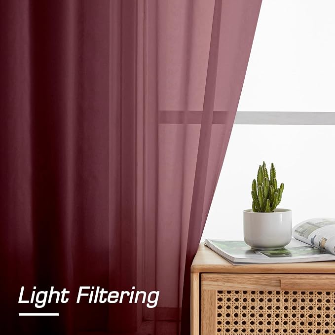OWENIE Sheer Curtains, Sheer Curtains 78 inch Length 2 Panels Set, Rod Pocket Voile Fimly Sheer Drapes for Living Room/Bedroom, 2pcs, Each 42" W x 78" L, Burgundy