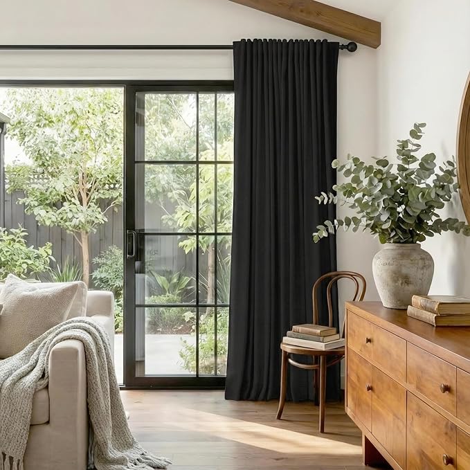 100% Blackout Shield Linen Blackout Sliding Door Curtains for Living Room, Back Tab/Rod Pocket Thermal Insulated Curtains for Sliding Glass Doors, 1 Panel Set, 100" W x 90" L, Black