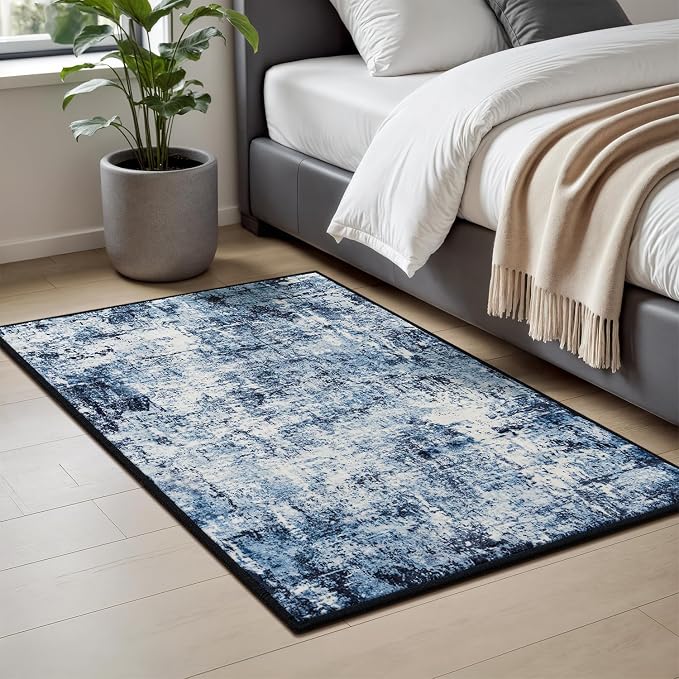 Rugflix 2x3 Entrance Rugs, Washable Navy Blue Dark Entry Small Rug | Machine Washable; Stain-Resistant; Low Pile; Non-Slip; Modern Abstract; Carpet for Bedroom Dining Office Nursery Home
