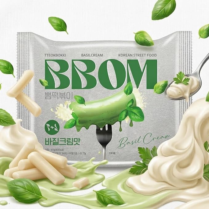 BBOM Instant Korean Tteokbokki Pouch – Basil Cream Flavor Korean Rice Cakes – Easy to Prepare Street Food – Includes Tray, Rice Cakes & Powder Sauce, 5.19 oz (147 g) x 2