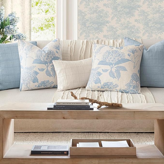 Foindtower Set of 2 Linen Floral Vintage Throw Pillow Covers Neutral Accent Decorative Cozy Cushion Covers Farmhouse Boho Home Decor for Sofa Chair Couch Bedroom Living Room,20×20 Inch,Sky Blue