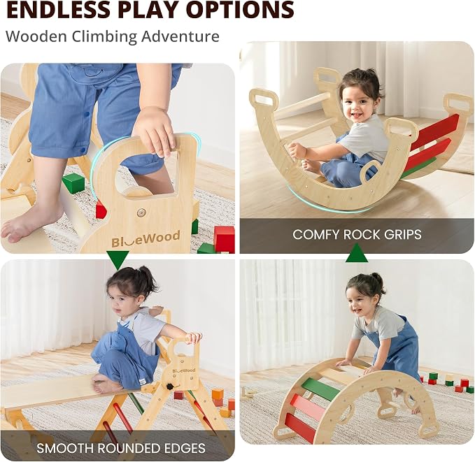 BlueWood Pikler Triangle Set, Toddler Wooden Climbing Toys Indoor 7in1 Foldable Climber for Kids, Montessori Philosophy Play Jungle Gym with Arch, Ramp, Ladder (Warm Winter Christmas)