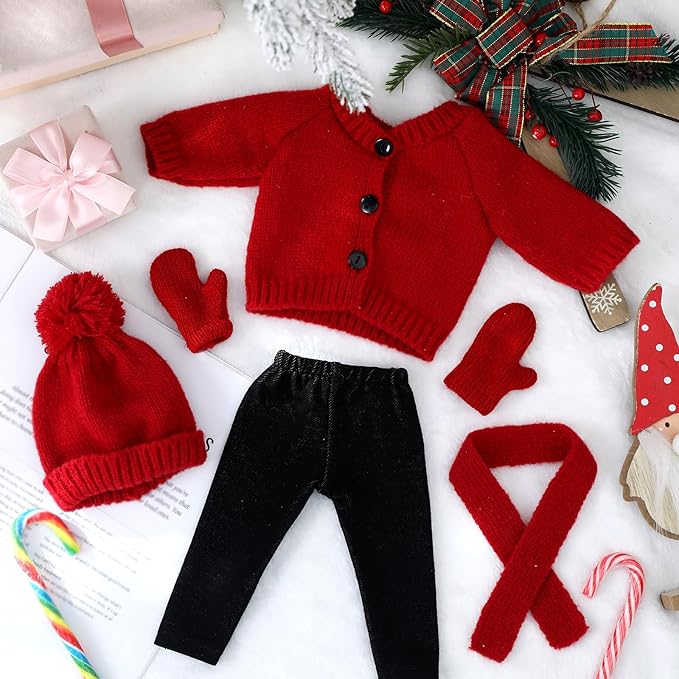 6 Pcs Christmas 18 Inch Doll Clothes and Accessories Winter Outfits Set Sweaters Trousers Hats Shoes for 18 Inch Doll Gift(Dark Red,Classic Style)