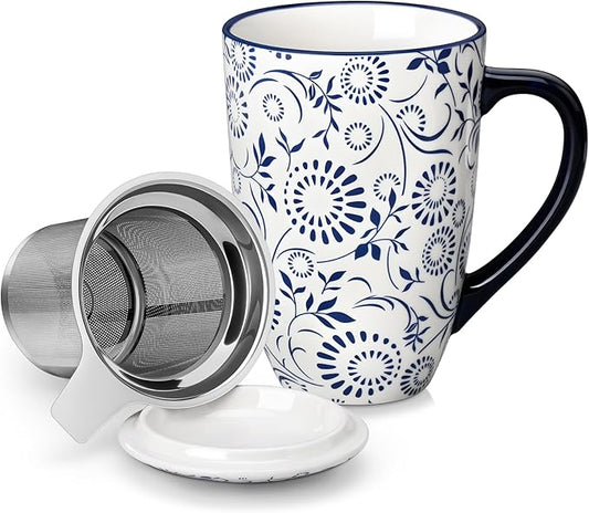 vancasso SELENE Porcelain Tea Mug, 18 oz Porcelain Tea Cup with Infuser and Lid Steeps Loose Leaf Tea, Microwave & Dishwasher Safe, Floral Bloom