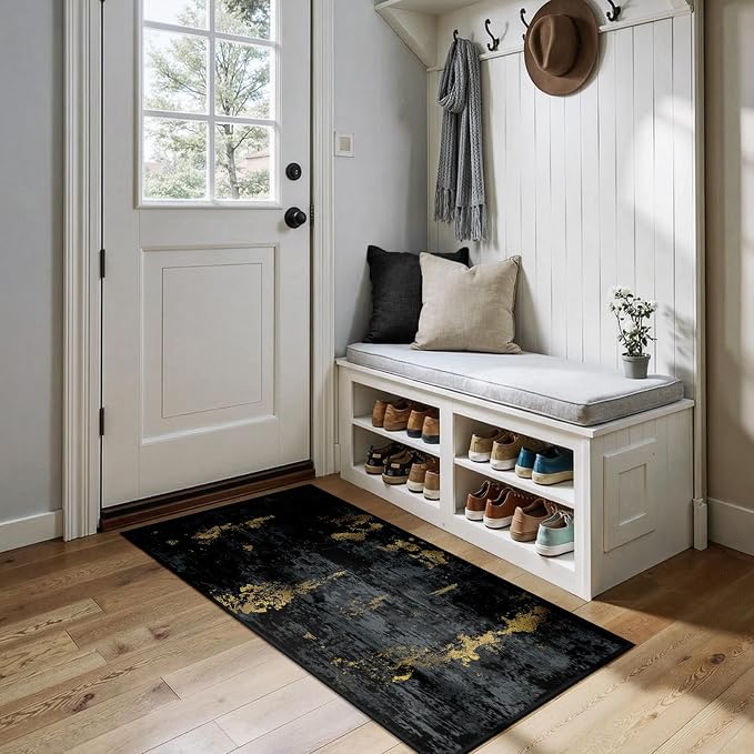 RELEANY Washable 2'x5' Abstract Area Rug for Living Room Black Gold | carpet for bedroom, kitchen, office, hallway and entryway, printed pattern, non-slip, soft, stain-resistant, easy to clean