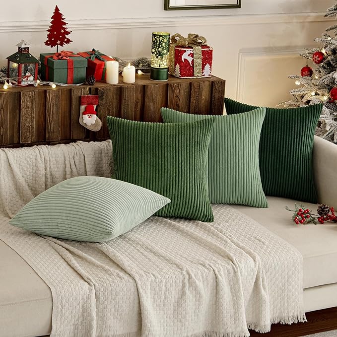 MIULEE Soft Corduroy Decorative Throw Pillow Covers Forest Green 20x20 | Set of 4, Mordern Nordic Home Decor, Gradient Color Matching, Boho Farmhouse Cushion Covers for Couch Bed Sofa Living Room