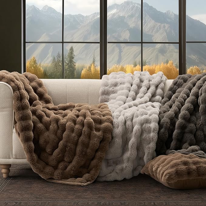 Faux Rabbit Fur Bubble Throw Blanket, 50"x60", Dark Taupe | Ultra Soft, Luxury Faux Rabbit Fur Throw, Thick Warm Bubble Blanket, Cozy Fluffy Reversible, for Bed, Couch, Chair, Sofa