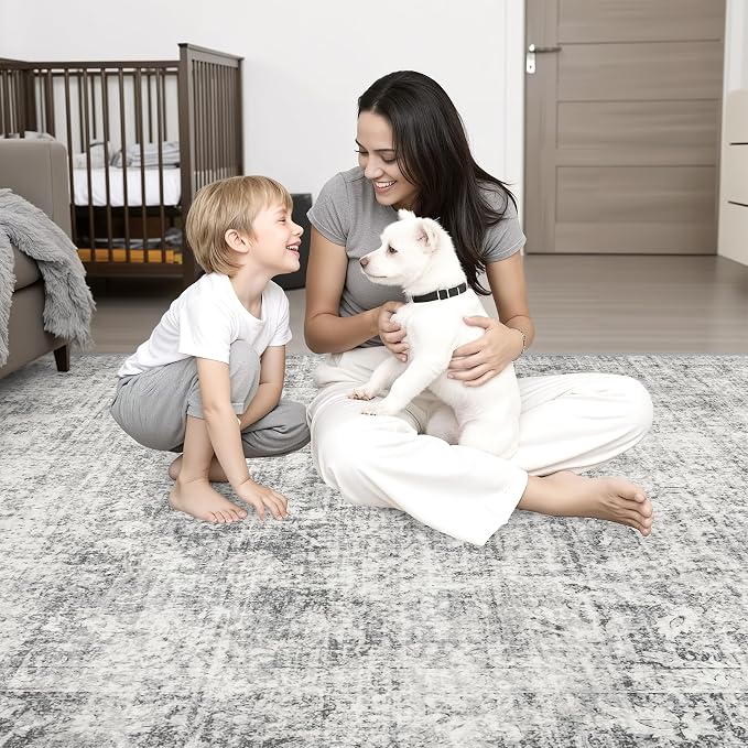 5x8 Area Rug Living Room Rug: Washable Modern Abstract Soft Thin Rug Indoor Floor No Slip Carpet for Bedroom Dining Room Farmhouse Nursery Home Office - Retro Black Grey