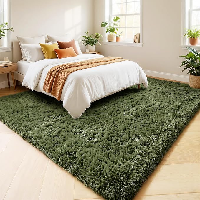 Amdrebio Olive Green Shag Plush Area Rug 4x6 for Bedroom Living Room Dorm | Fluffy Shaggy Fuzzy Soft Carpet, Nursery Office Classroom Reading Nook Decor, Vintage Rustic Farmhouse Aesthetic, Dark Green