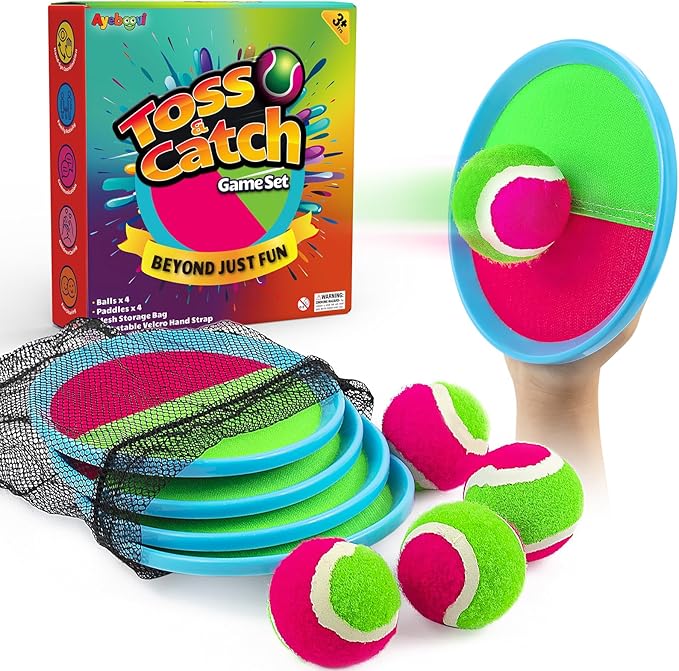 Ayeboovi Toss and Catch Ball Set Boys Toys Outdoor Toys Yard Games Outside Games Beach Toys for Kids Ball and Catch Game with 4 Paddles and 4 Balls [Upgraded Version]