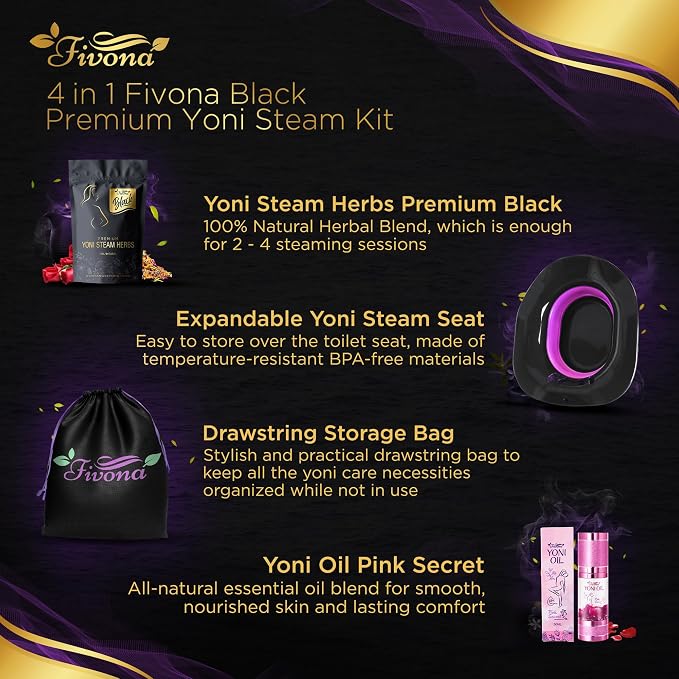 Fivona Black 4-in-1 Yoni Care Steam Kit Includes Feminine V Oil, Sitz Bath Seat, Yoni Steaming Herbs and Storage Bag - Effective Detox pH Balance Cleansing and Moisturizing