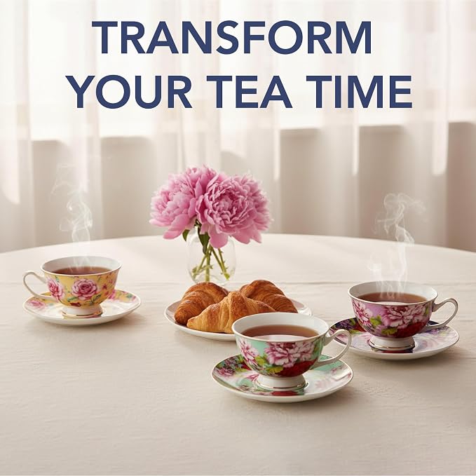 BTaT- Floral Tea Cups and Saucers, 8 oz, Set of 6 | Fine Porcelain Teacup Set with Gold Trim for Afternoon Tea Weddings Parties Gifting Dishwasher Safe Lightweight Non Toxic