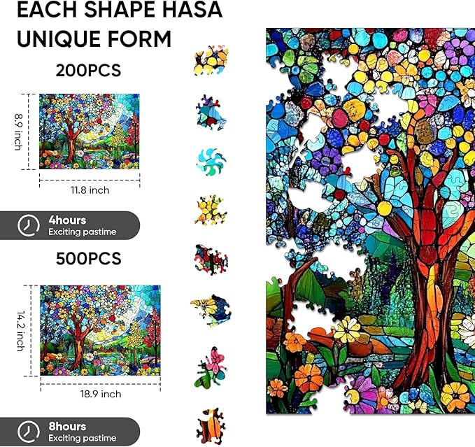 Ixfyloop Stained Glass Wooden Puzzles for Adults, Colorful Tree of Life Jigsaw Puzzles, 200 Pieces Landscape Adults Puzzles, Best Gifts for Puzzle Lover, 8.9x11.8 inch