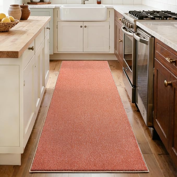 FinRèc 2x8 Washable Runner Rugs for Kitchen Hallway Bedroom, Low Pile Thin Rug Solid Color, Non-Slip Carpet Indoor for Home Decor (Orange/White)