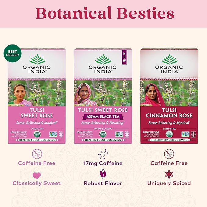 ORGANIC INDIA Tulsi Cinnamon Rose Tea - Tulsi Rose Tea Bags, Cinnamon Tea Bags w/Holy Basil, Chamomile, Caffeine Free - 18 Infusion Bags, 3 Pack