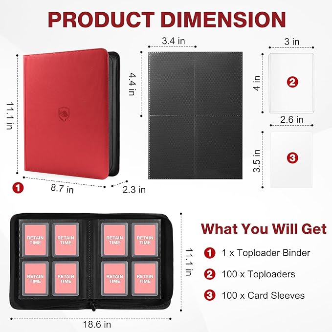 Toploader Binder, Holds 160 Toploaders, 100 Toploaders INCLUDED, 4-Pocket PU Cover Top Loader Binder for 3" x 4" Rigid Toploader, Ringless Double-Sided Toploader Card Binder for TCG, Sport Cards