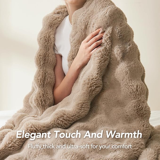 L'AGRATY Faux Rabbit Fur Throw Blanket for Couch, 60'' x 80'', Light Linen | Soft Cozy Bubble Fluffy Blanket for Sofa Bed, Thick Warm Plush Fuzzy Throw for Room Home Decor, Luxury Gift for Women Mom