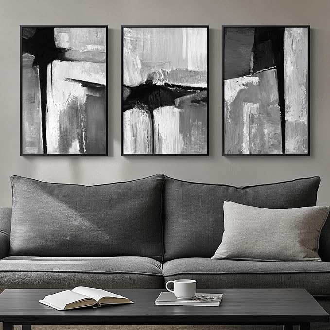 Framed Black and White Gray Modern Abstract Wall Art, Set of 3 Piece Big Canvas Paintings Artwork for Walls, Minimalist Art Prints Pictures for Living Room Hallway Bedroom Office Wall Decor 16x24 Inch