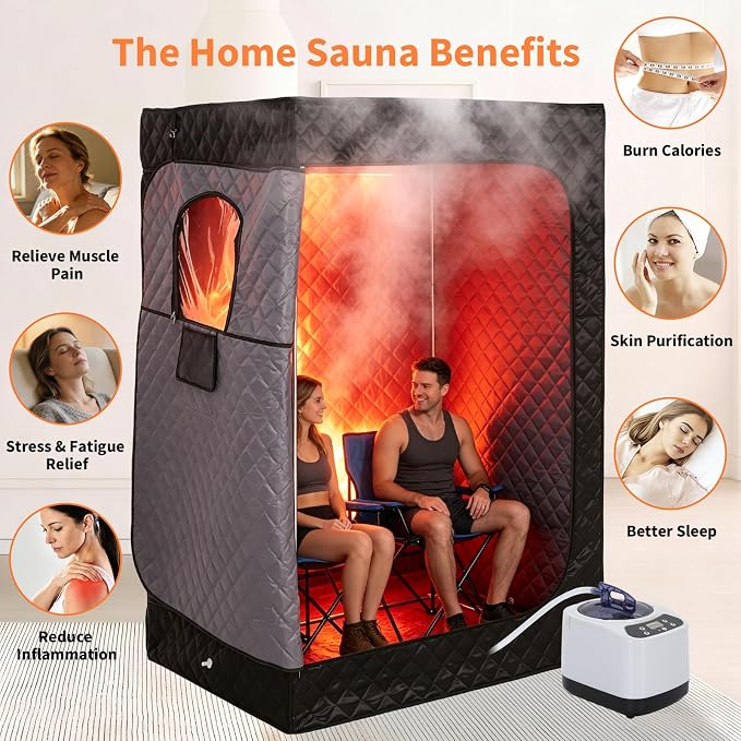 Garvee 2 Person Infrared Sauna, Portable Sauna for Home with 2 Steamer, 2 Folding Chair, Remote Control, 9 Temp Levels & 99 Min Timer, 35" x 48" x 71", Black