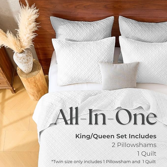 King Quilt Set with Shams Lightweight Quilted Bedspread Coverlet Thin Comforter Bed Cover Vintage Washed Quilted Blanket for All Season, Brushed Microfiber Diamond Stitching, White, 104"x92"