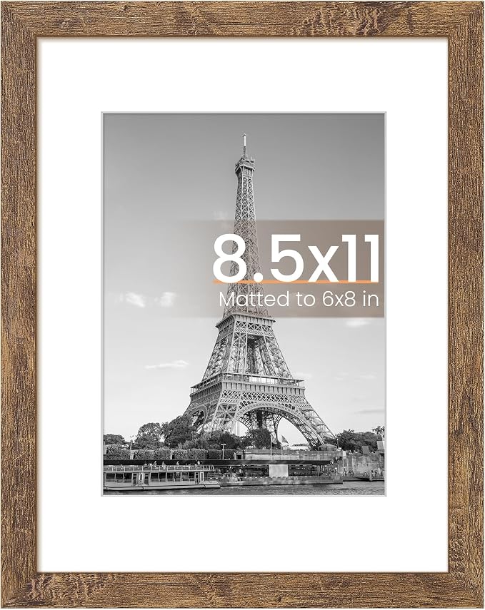 upsimples 8.5 By 11 Picture Frame, Display Pictures 6x8 with Mat or 8.5 x 11 Without, Wall Hanging Photo Frames, Rustic Brown, 1 Pack