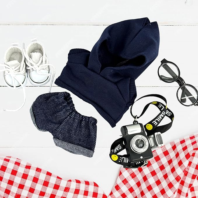 17cm Doll Clothes, Fashion 5 Piece 17cm Dolls Outfits Accessories Set with Hoodies, Jeans, Small Camera, Glasses, Canvas Shoes Clothes Set for Dolls