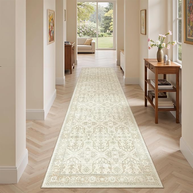 Soalmost Runner Rug 2x8 Washable Hallway Kitchen Runners Beige/Brown | Non-Slip Vintage Rugs for Bathroom Laundry Room, Soft Low Pile Foldable Floor Carpet Mat for Entryway Corridor Bedroom