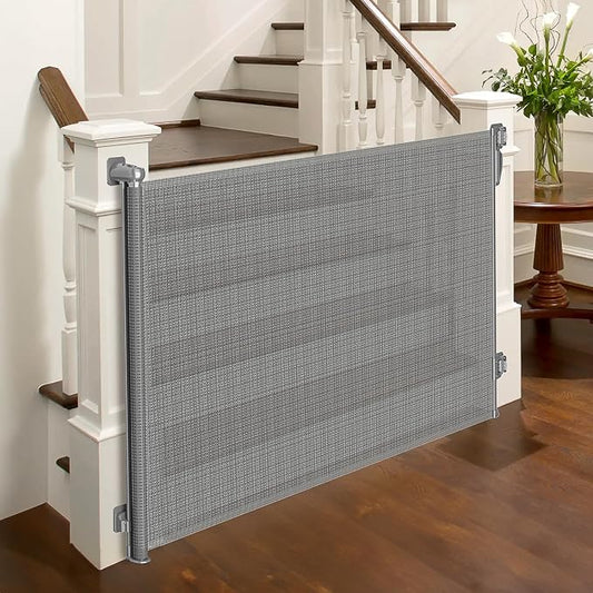 Babepai Retractable Baby Gates No Drilling | 54" Wide x 34" Tall Dog Gates for Stairs | Indoor/Outdoor Use | Child Gates for Doorways, Deck, Porch, Hallways, Patio - Gray
