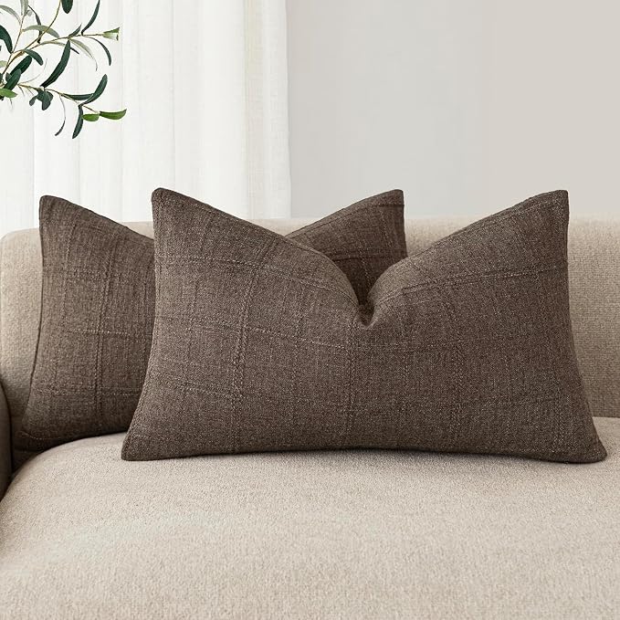 Foindtower Set of 2 Decorative Linen Check Throw Pillow Covers Neutral Farmhouse Lumbar Cushion Covers Modern Boho Home Decor for Sofa Chair Couch Bedroom Living Room,12×20 Inch,Dark Brown