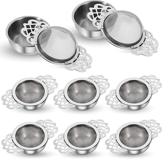 JJUNW 8 Pack 304 Stainless Steel Tea Drain Strainer, Tea Filter Mesh, Tea Drip Bowls, Teapot Strainer With Petal Handles Tea Divider for Loose Tea Juice Coffee Filter