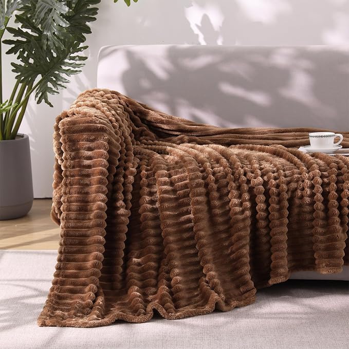Brown Fleece Throw Blanket for Couch Sofa 50”x60”with Striped Design | Fleece Blankets Room Home Decor Lightweight Plush Soft Cozy Gifts for Women Mom