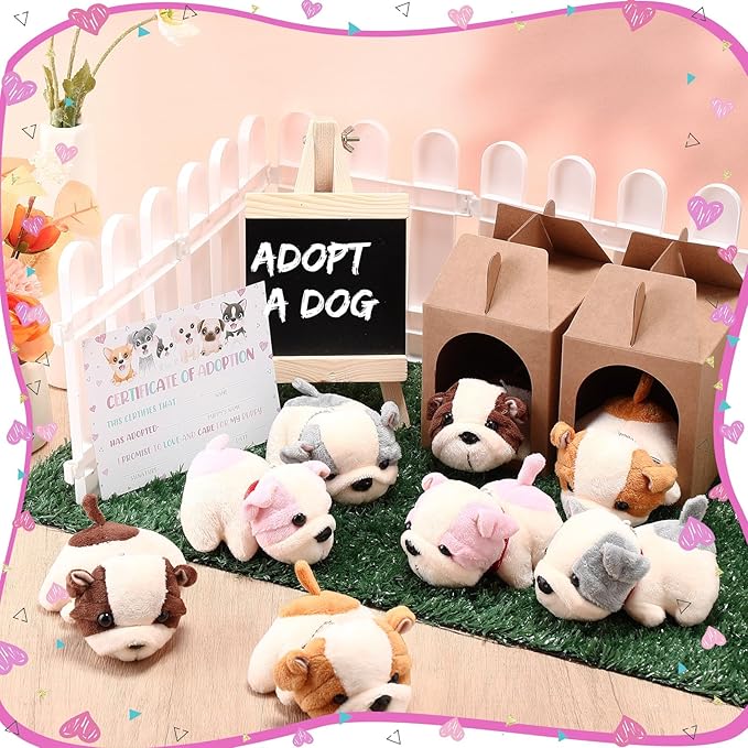 84 Pcs Adopt a Pet Party Favors 24 Mini Plush Stuffed Animals 10 White Plastic Fence 24 Paper Gift Boxes 24 Adoption Cards with Mini Chalkboard and Artificial Lawn(Shar Pei)