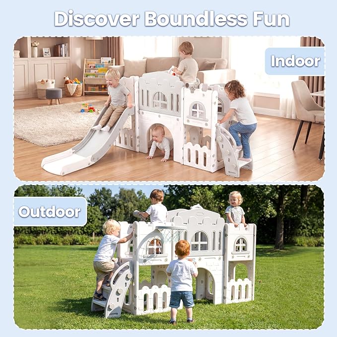 OLAKIDS Toddler Slide, Kids Indoor Outdoor Playground with Climber Basketball Hoop Telescope Tunnel Corridor Toy Storage Steering Wheel for Boys Girls Aged 1+ (Gray, 70'')
