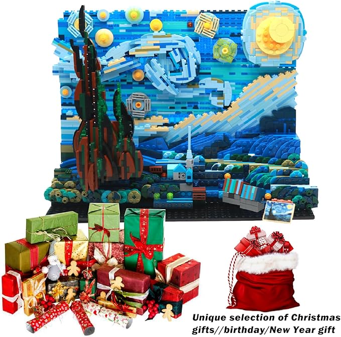 DIY Building Block Set(1830 PCS),The Starry Night Building Set for Children and Adults,Vincent Van Gogh Idea Building Kit,Educational Assemble 3D Scenario MOC Stacking Blocks