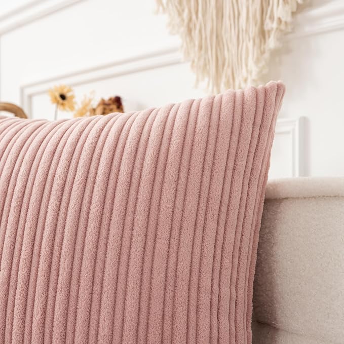 UGASA 12x24 Inch Pillow Cover Pack of 1 Valentine's Day Soft Boho Stripe Corduroy Long Rectangular Lumbar Cushion Cover Decorative Throw Pillows for Bed, Couch, Sofa, Bedroom, Living Room, Baby Pink