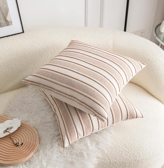 Cethom Decorative Boho Throw Pillow Covers, Farmhouse Textured Pillow Case, 22 x 22 Inch Set of 2, Chair Sofa Bedroom Living Room Home Decor Couch Cushion Case, Brown and Beige Striped