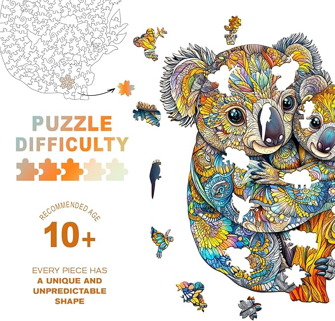 Wooden Puzzles for Adults - Koala Family Wooden Jigsaw Puzzle, Unique Animal Shaped Wood Puzzles Adult, Christmas Birthday Gifts for Friends/Family, Home Decor 8.5 * 7.3in 100pcs