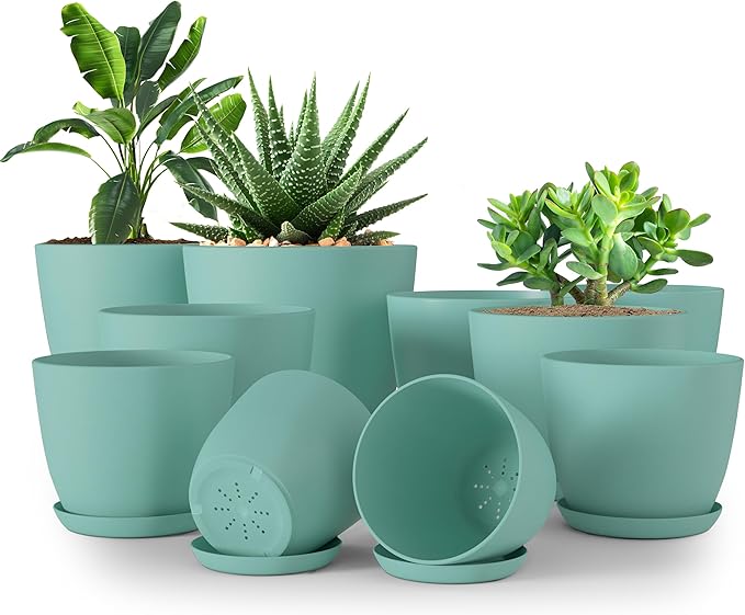 Plant Pots Indoor with Drainage, 10 Pack Multi-Size Planters Set, Aqua | Drainage holes included Multiple sizes 7/6.6/6/5.3/4.8 In Indoor plants and flowers Durable plastic construction