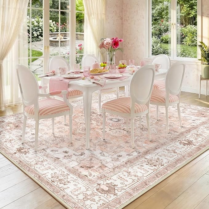 CAPALOCA 5x8 Washable Nursery Girls Low Pile Area Rug Pink | Non-Slip Soft Rugs for Bedroom Kids Playroom Living Room, Print Pattern Water Repellent Carpet Indoor Decor