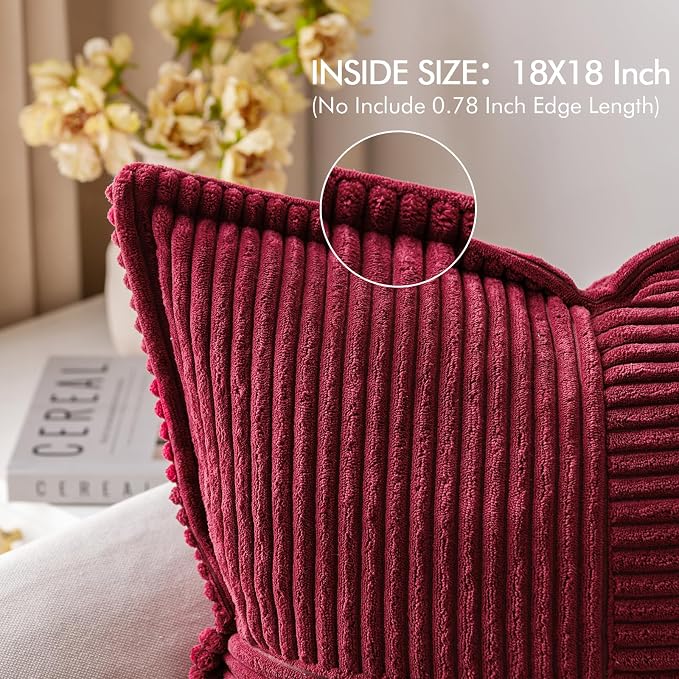 MIULEE Decorative Throw Pillow Covers for Couch 18x18 Inch Burgundy 2 Pack | Boho Broadside Striped Patchwork Pillow Covers, Soft Corduroy Cushion Cases, For Sofa Bed Livingroom Home Decor