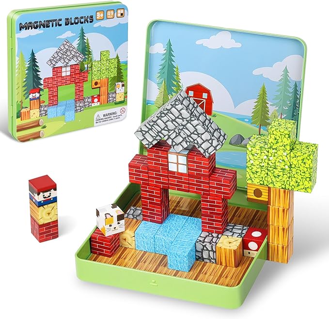 49 PCS Mini Magnetic Building Blocks Travel Toys for Kids Ages 4-8, Travel Magnetic Tiles with Portable Iron Storage Box, STEM Learning Educational Construction Toys for Toddlers 3-5