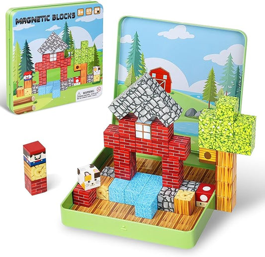 49 PCS Mini Magnetic Building Blocks Travel Toys for Kids Ages 4-8, Travel Magnetic Tiles with Portable Iron Storage Box, STEM Learning Educational Construction Toys for Toddlers 3-5