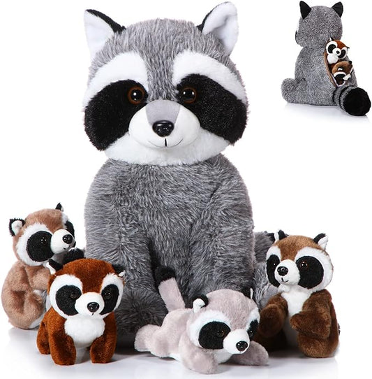 5 Pcs Raccoon Stuffed Animal Set Adorable Mommy Raccoon Plush with 4 Cute Babies in Tummy Soft Cuddly Plushie for Birthday Woodland Party Decor(Cute Style)