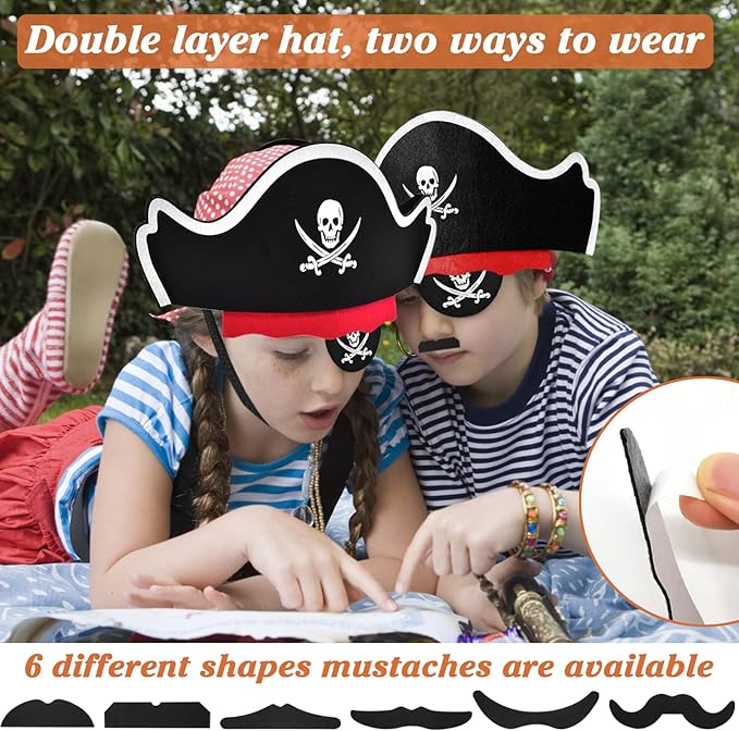 Halatool 72 Pcs Halloween Pirate Party Set for Kids, 24 Pirates Hats with 24 Eye Patches and 24 Mustaches, Pirate Costume Accessories Bulk for Halloween, Masquerade, Cosplay, Party Favors Decor