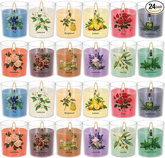 Aromatherapy Candles Set - 24 Pack Scented Candles with 12 Natural Fragrances, Votive Candles in Clear Plastic Jars for Home Decor, Stress Relief, Sleep, Ideal Gift for Women,Mother's Day, Birthday.