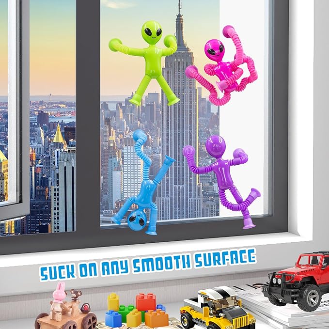 Pop Tubes Alien Fidget Toys for Kids, 4Pack Fidget Toys Telescopic Suction Cup Toy for Stress and Anxiety Relief, Stocking Stuffers Gift for Kids and Toddlers (4 Pack Alien)