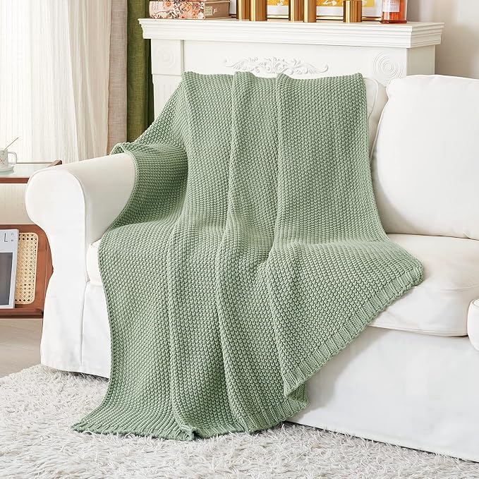 Chunky Cable Knit Throw Blanket Lightweight Light Green 100% Organic Cotton Blanket for Sofa Couch Bed Baby Nursery, Rustic Shabby Chic Modern Farmhouse, 60” x 80” Bonus Laundering Bag