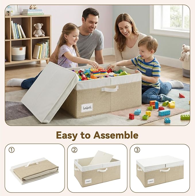 GRANNY SAYS Decorative Storage Boxes with Lid, Large Storage Bins with Label, 63L Fabric Storage Bin for Clothes, Toy Storage Chest, Memory Keepsake Box, White/Khaki