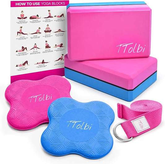 TTolbi Yoga Starter Kit - Yoga Blocks 2 Pack, Strap & 2 Knee Pad Cushions | Non-Slip EVA Foam Equipment for Stretching, Flexibility & Joint Comfort | Home Pilates Set for Beginners, Women & Men