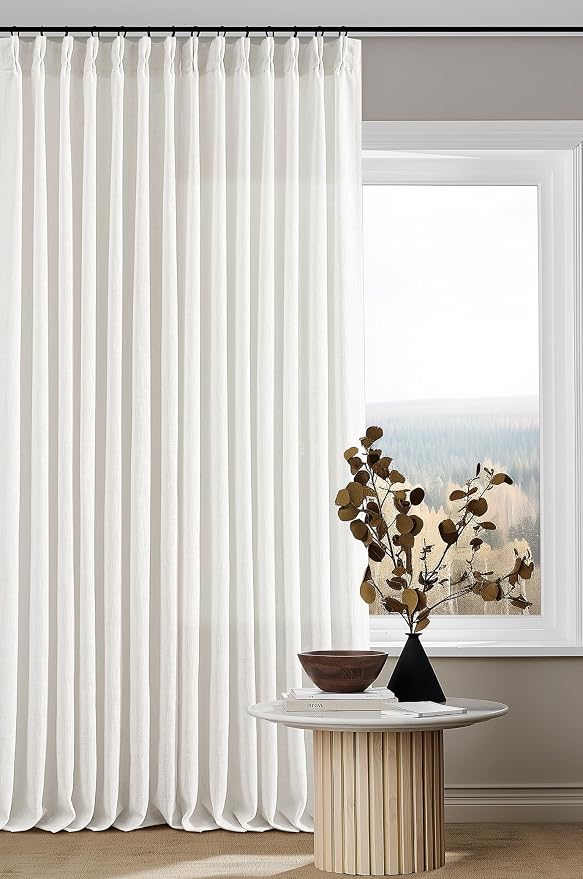 Pinch Pleated Linen Curtains 98 Inches Long for Living Room Bedroom Light Filtering Boho Window Drape 98 inch 2 Panels with Hooks Rings Cream Beige White Sliding Glass Door Semi Sheer Curtain